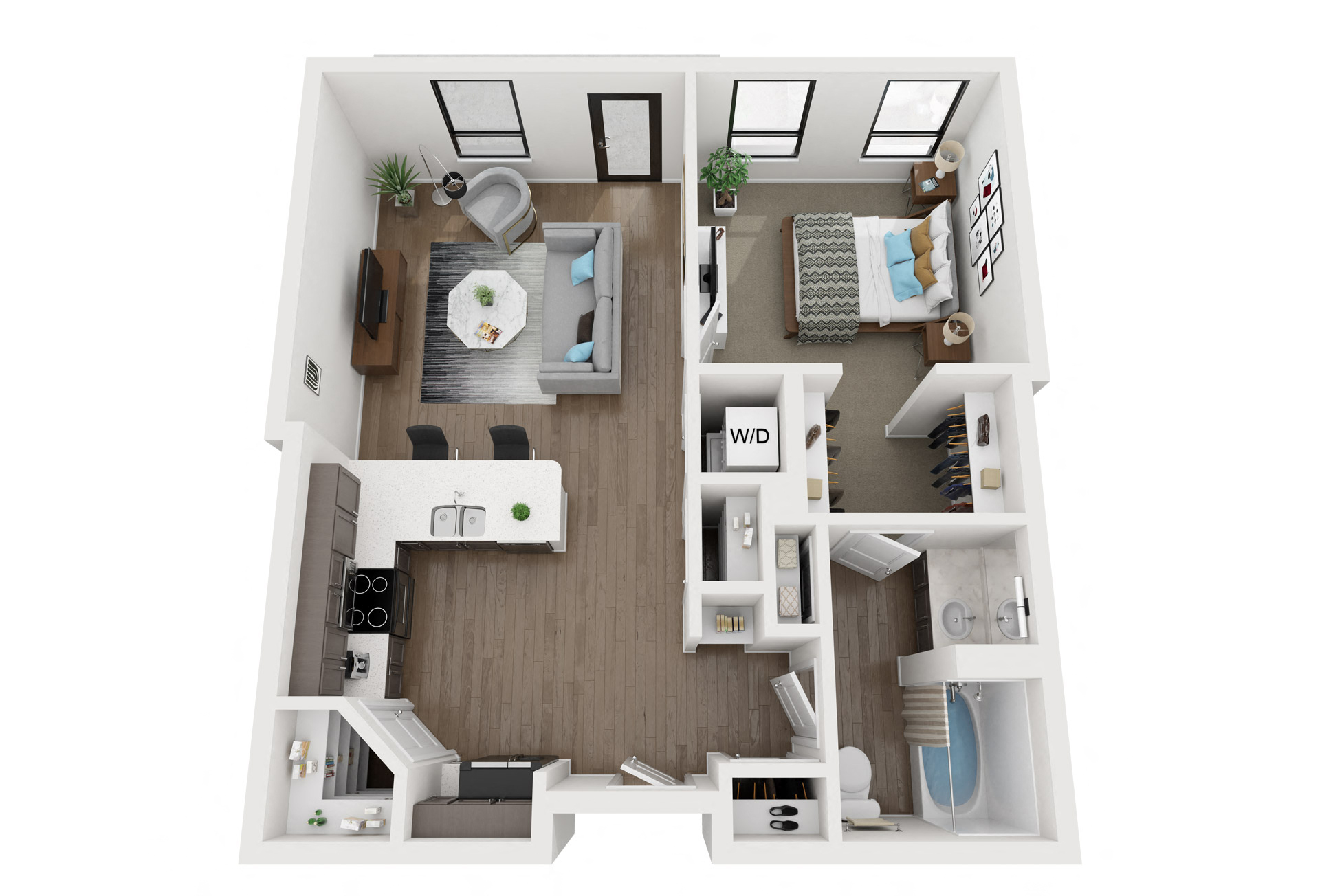 Floor plan for 1 bed, 1 bath, 781 sqft